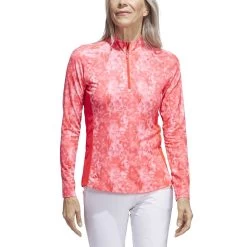 Adidas Women's Essentials Long Sleeve Printed Mock Polo -Golf Equipment Shop adidas 2023 womens essentials long sleeve printed mock polo bight red front itempicture